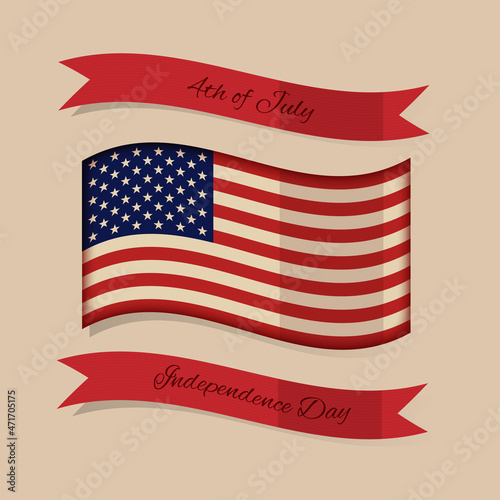 Vector illustration in vintage style U.S. Independence Day. American flag and red ribbons on a light background