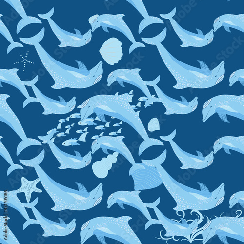 Dolphin, sea inhabitants seamless pattern, beautiful character among seashells, algae, starfish, marine wildlife