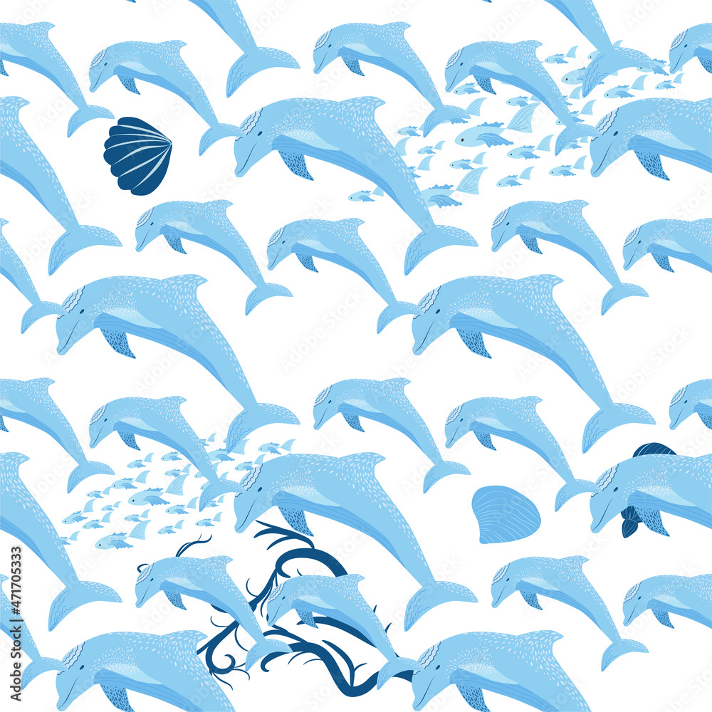 Naklejka premium Dolphin, sea inhabitants seamless pattern, beautiful character among seashells, algae, starfish, marine wildlife