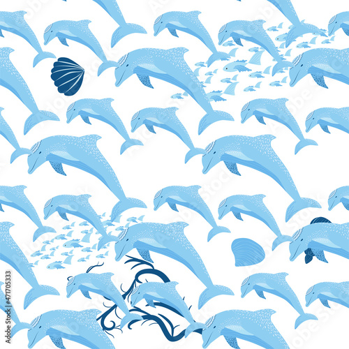 Dolphin, sea inhabitants seamless pattern, beautiful character among seashells, algae, starfish, marine wildlife