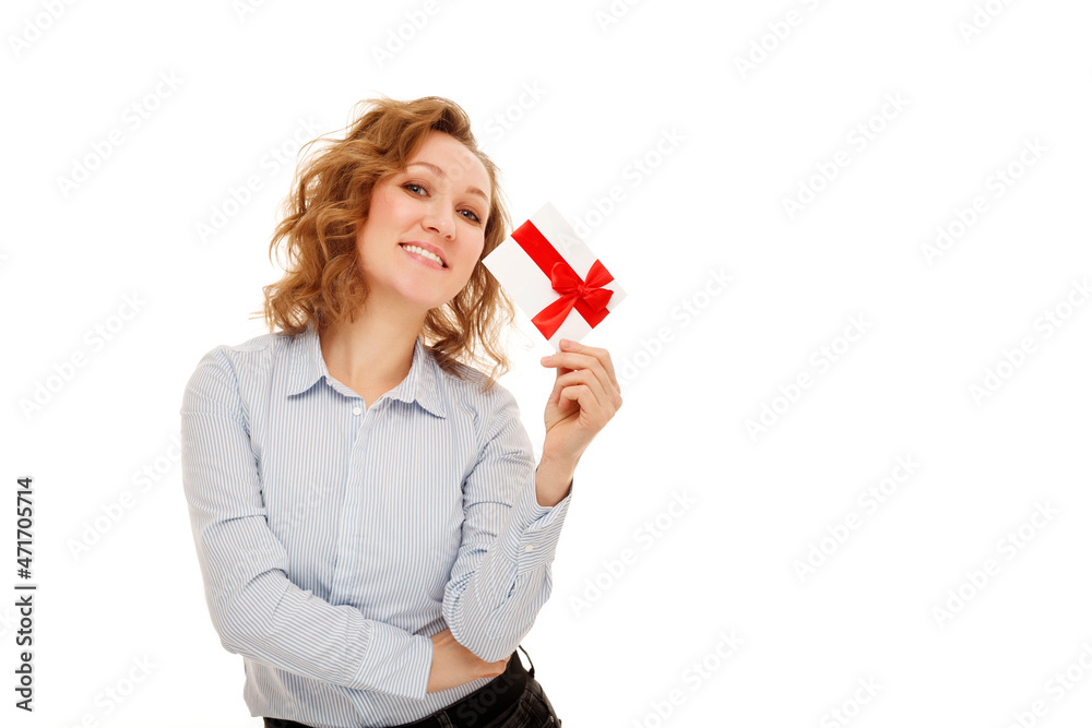 Happy young business woman holds gift certificate isolated on white background. Copy space for your text. Happy young business woman holds gift certificate isolated on white background. Copy space for your text.
