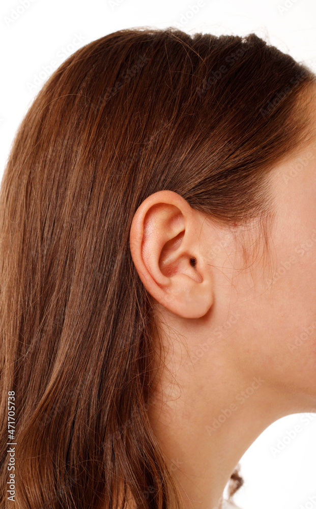 Close up human woman's ear over white background Close up human woman's ear over white background