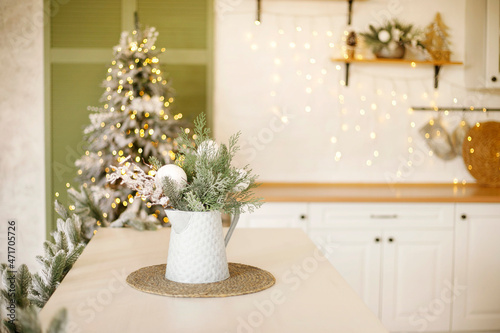 Christmas decor in kitchen at daylight