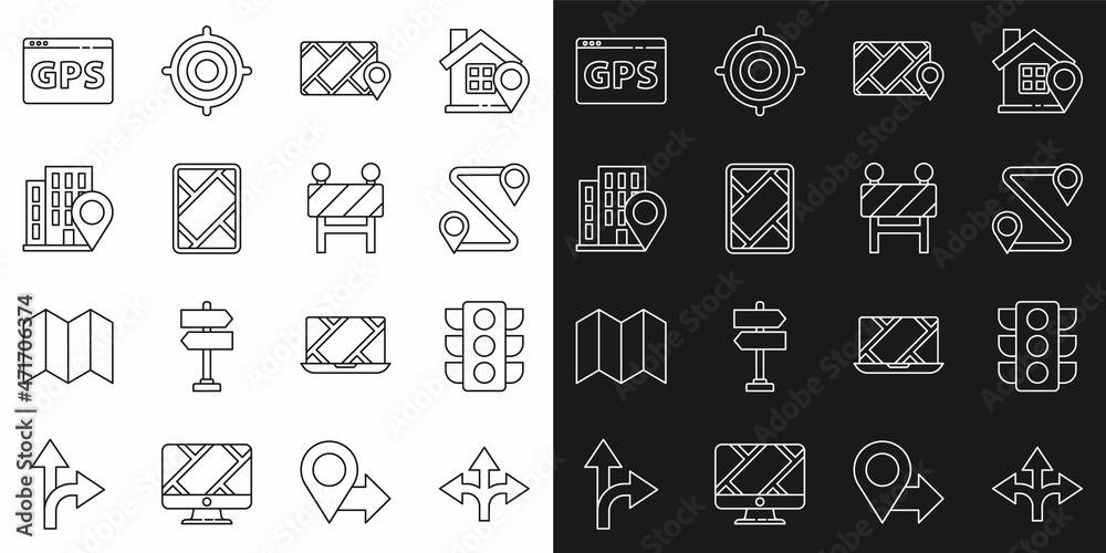 Set line Road traffic sign, Traffic light, Route location, City map navigation, Gps device with, Location house, and barrier icon. Vector