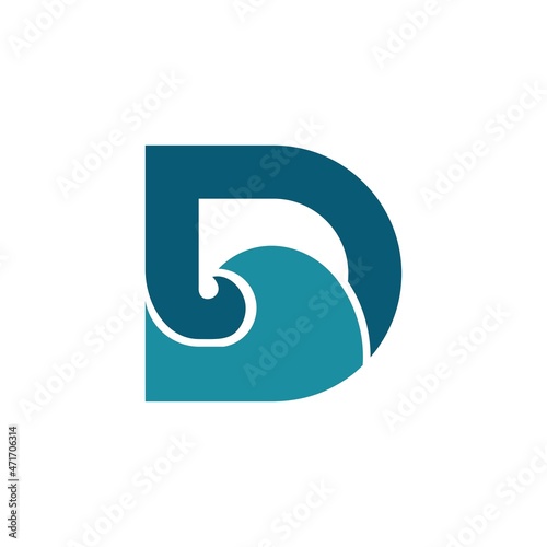 letter D and wave logo design with flat blue color style