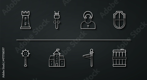 Set line Castle tower, Medieval chained mace ball, Shield, flag, Castle, fortress, Torch flame, Wooden barrel and Monk icon. Vector