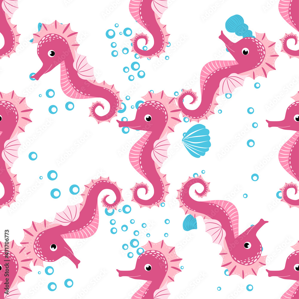 Seahorse, sea inhabitants seamless pattern, beautiful character among seashells, seaweed, starfish, marine