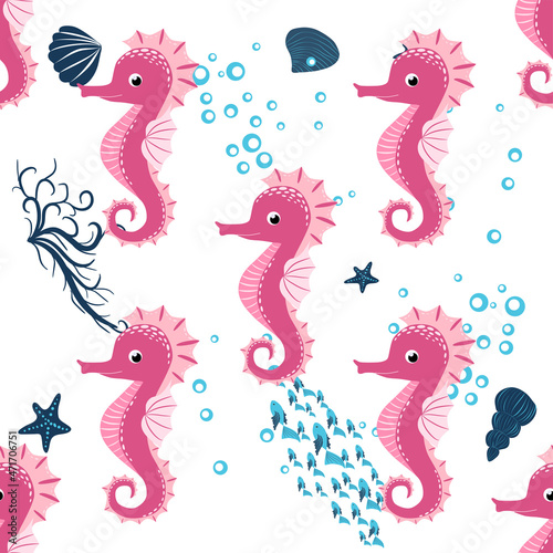 Seahorse, sea inhabitants seamless pattern, beautiful character among seashells, seaweed, starfish, marine © MichiruKayo