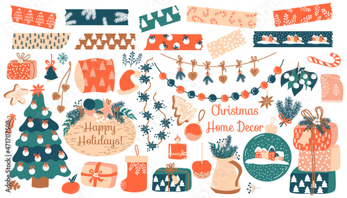 Christmas Home Decor set. Vector items of Christmas tree, gift boxes, garlands, gingerbread, candy, home textile, christmas toys. Washi tapes. Trendy objects for cozy winter time