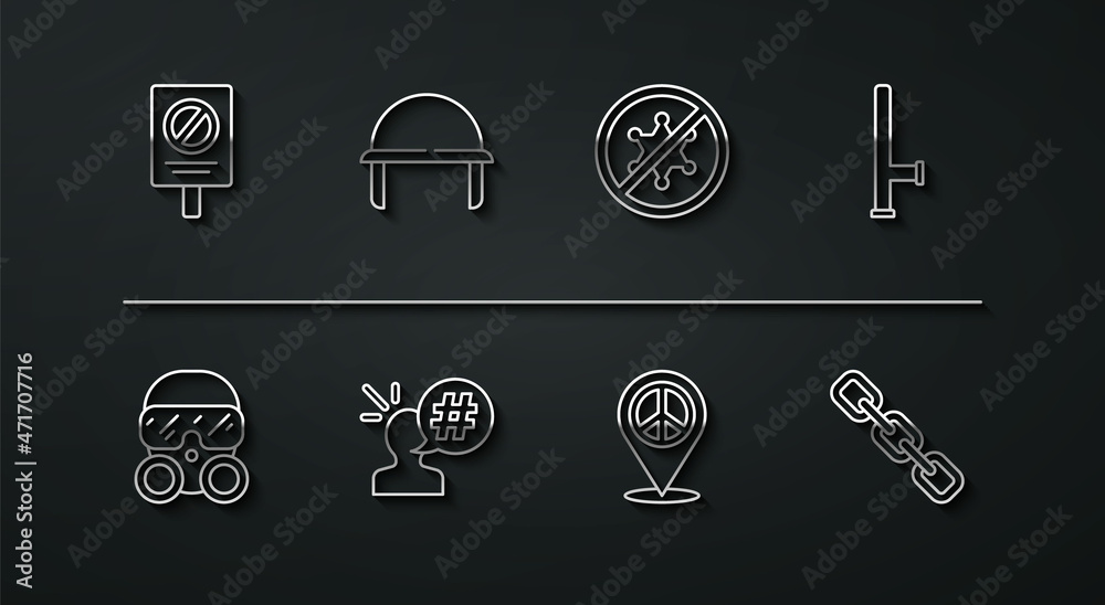 Set line Protest, Gas mask, Police rubber baton, Location peace, Military helmet, Chain link and icon. Vector