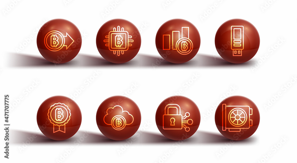Set line Bitcoin, USB flash drive, Lock with bitcoin, Cryptocurrency cloud mining, CPU farm, Video graphic card and Pie chart infographic icon. Vector Set line Bitcoin, USB flash drive, Lock with bitcoin, Cryptocurrency cloud mining, CPU farm, Video graphic card and Pie chart infographic icon. Vector