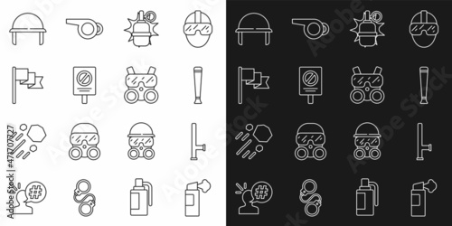 Set line Pepper spray, Police rubber baton, Hand grenade, Protest, Location marker, Military helmet and Gas mask icon. Vector