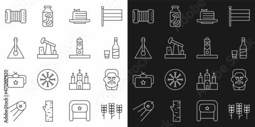 Set line Wheat, Joseph Stalin, Bottle of vodka with glass, Medovik, Oil pump or pump jack, Balalaika, Accordion and Slavic pagan idol icon. Vector