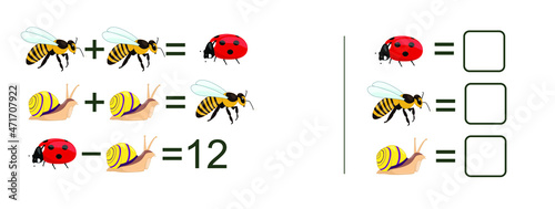 Math puzzle for kids. Logical game  with bugs for children, middle level, education game for kids, preschool worksheet activity,  Mathematical Addition Subtraction Puzzle set. Middle level © Iryna