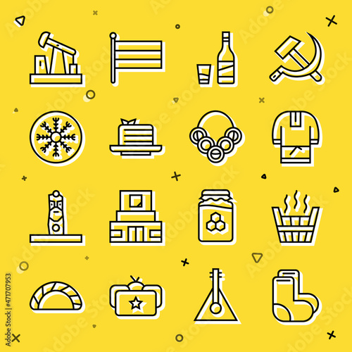 Set line Valenki, Sauna bucket, Kosovorotka, Bottle of vodka with glass, Medovik, Snowflake, Oil pump pump jack and Russian bagels icon. Vector