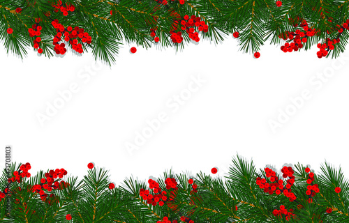 Spruce and red rowan berries border. Top and bottom edge. Bright realistic Christmas decor. Vector illustration isolated on white background, eps 10.