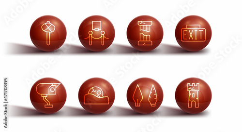 Set line Stone age hammer, Security camera, Exit sign, arrow head, Human skull, Picture and rope barrier, Castle tower and Broken ancient column icon. Vector