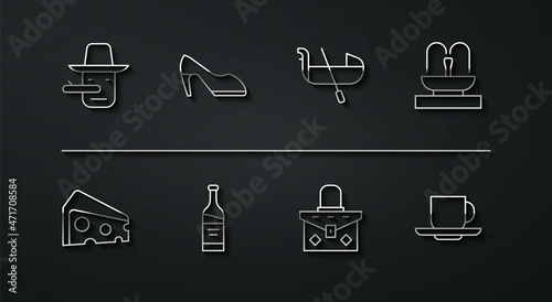 Set line Pinocchio, Cheese, Fountain, Handbag, Bottle of wine, Woman shoe, Coffee cup and Gondola icon. Vector