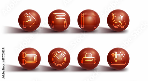 Set line Bodybuilder muscle, Chest expander, Stationary bicycle, Sport bag, Stopwatch, Jump rope, Bench with barbel and Horizontal icon. Vector