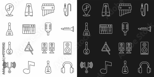Set line Headphones, Stereo speaker, Clarinet, Pan flute, Music synthesizer, Balalaika, Location musical note and Microphone icon. Vector