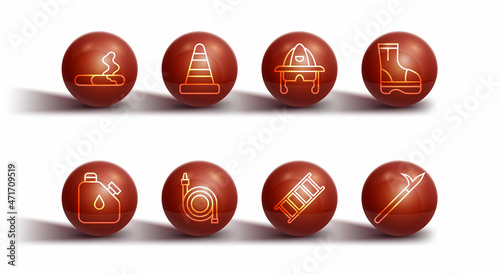 Set line Cigarette, Canister fuel, Fire boots, escape, hose reel, Traffic cone, Metal pike pole and Firefighter helmet icon. Vector