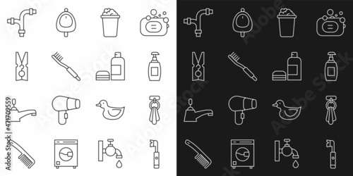 Set line Electric toothbrush, Towel on a hanger, Bottle of liquid soap, Bucket with suds, Toothbrush, Clothes pin, Industry metallic pipe and shampoo icon. Vector
