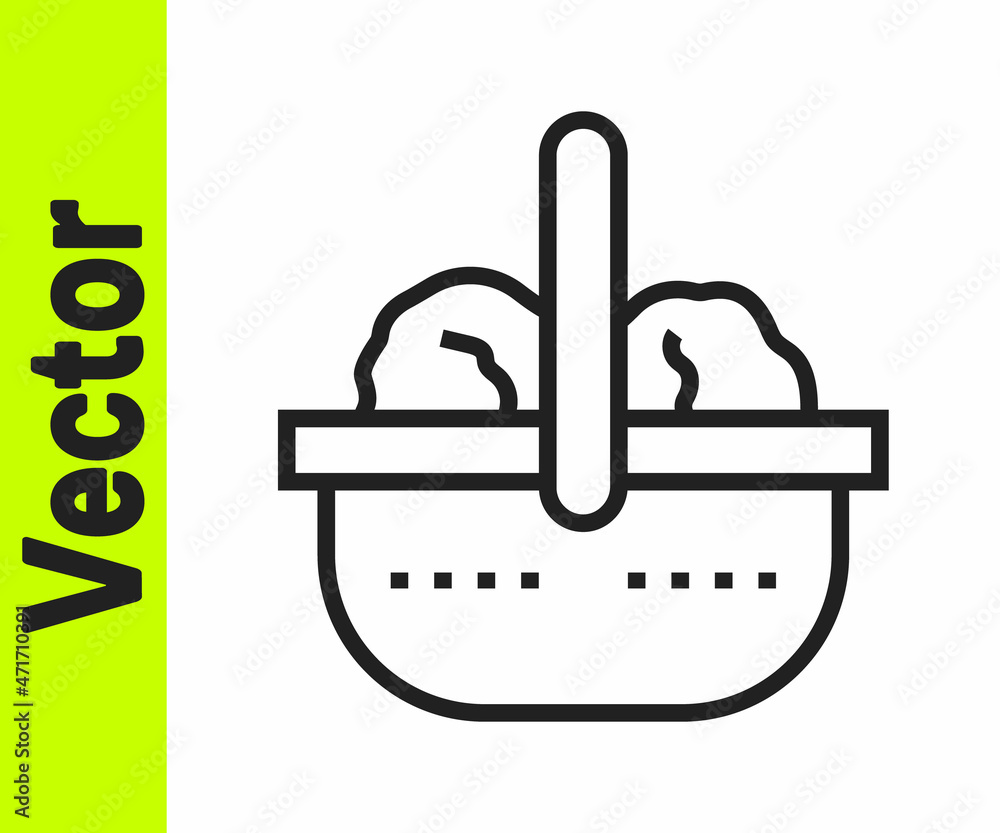 Black line Shopping basket and food icon isolated on white background. Food store, supermarket. Vector Black line Shopping basket and food icon isolated on white background. Food store, supermarket. Vector