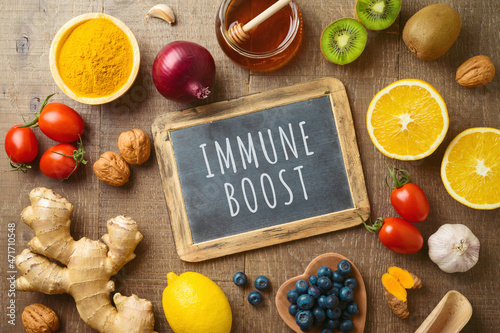 Fruits and vegetables for immune system boosting. Healthy eating background with copy space. Top view