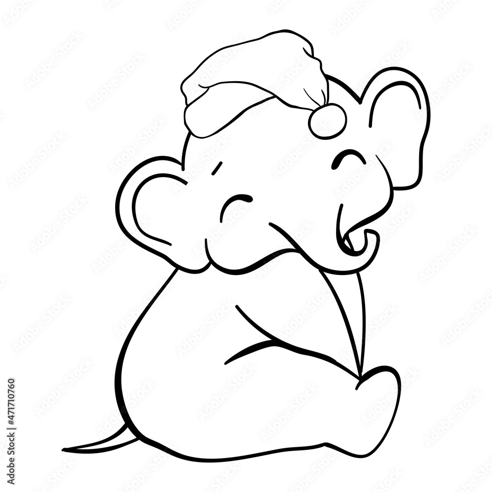 Fototapeta premium Hand drawn vector illustration of a cute funny elephant in a Santa hat