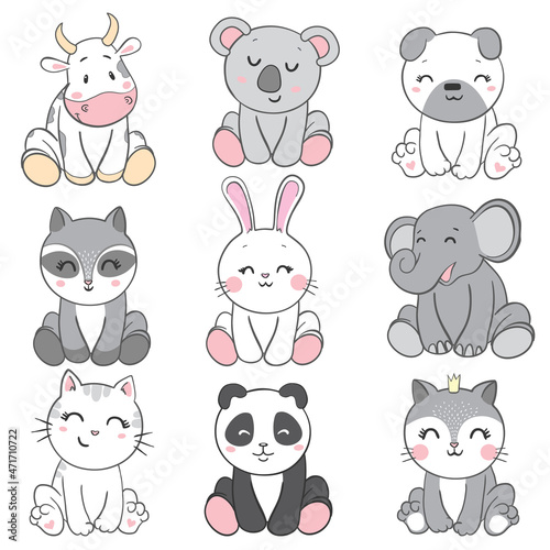 Vector illustration of cute animal set .