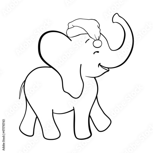 Hand drawn vector illustration of a cute funny elephant in a Santa hat