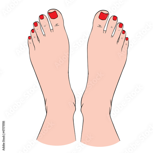 Beautiful female feet barefoot sketch. Black-and-white outline sketch. A design element for spa, manicure or cosmetics.