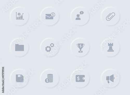 business gray vector icons on round rubber buttons. business icon set for web, mobile apps, ui design and promo business polygraphy