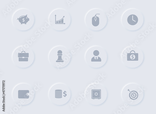 business gray vector icons on round rubber buttons. business icon set for web, mobile apps, ui design and promo business polygraphy