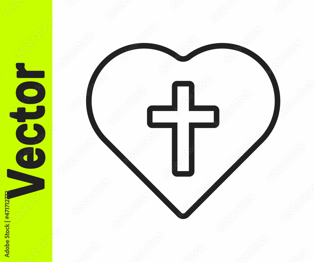 Black line Christian cross in heart icon isolated on white background. Happy Easter. Vector Black line Christian cross in heart icon isolated on white background. Happy Easter. Vector