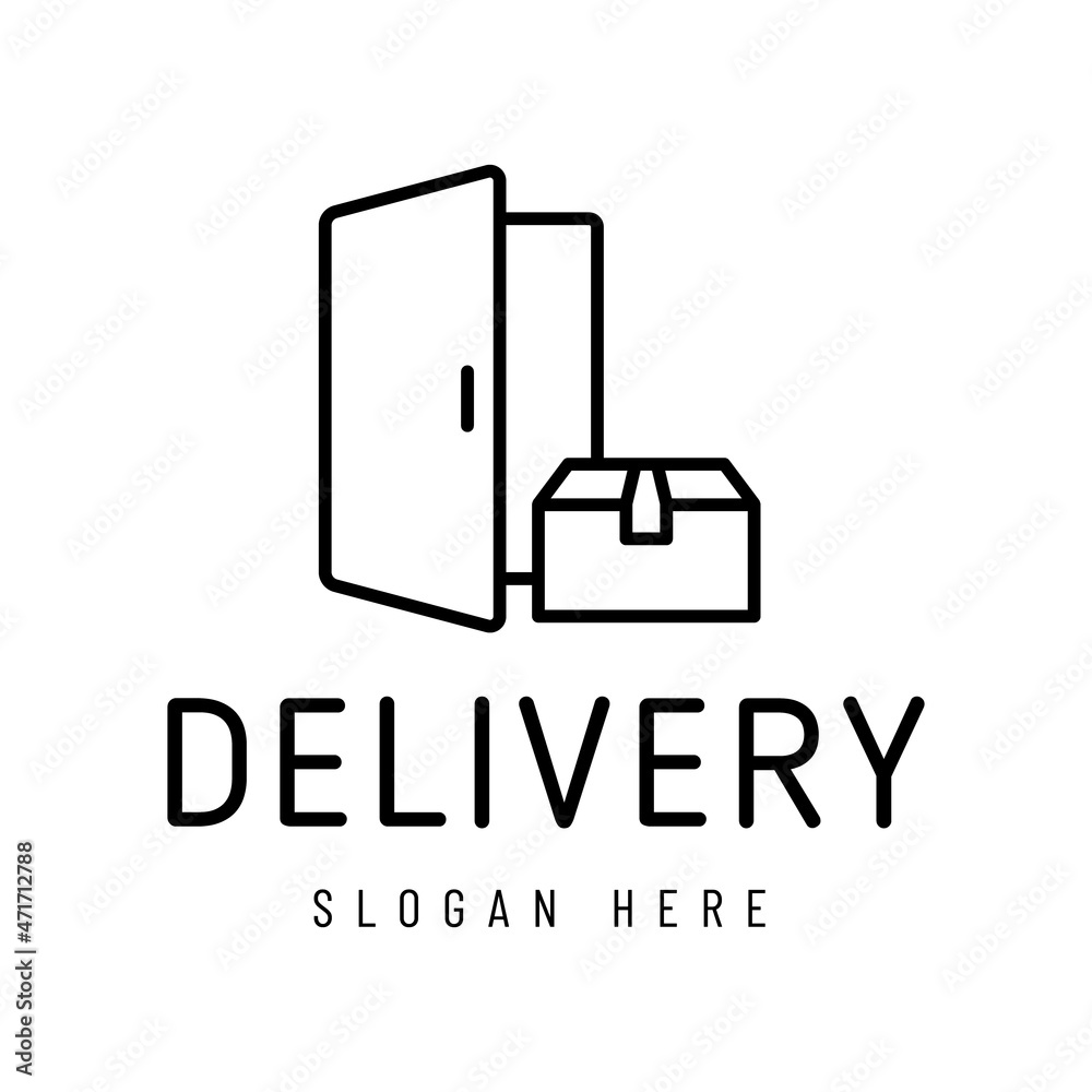 home delivery logo isolated on white. home delivery outline vector logo with open door and paecel. delivery logo lettering for your buisness design home delivery logo isolated on white. home delivery outline vector logo with open door and paecel. delivery logo lettering for your buisness design
