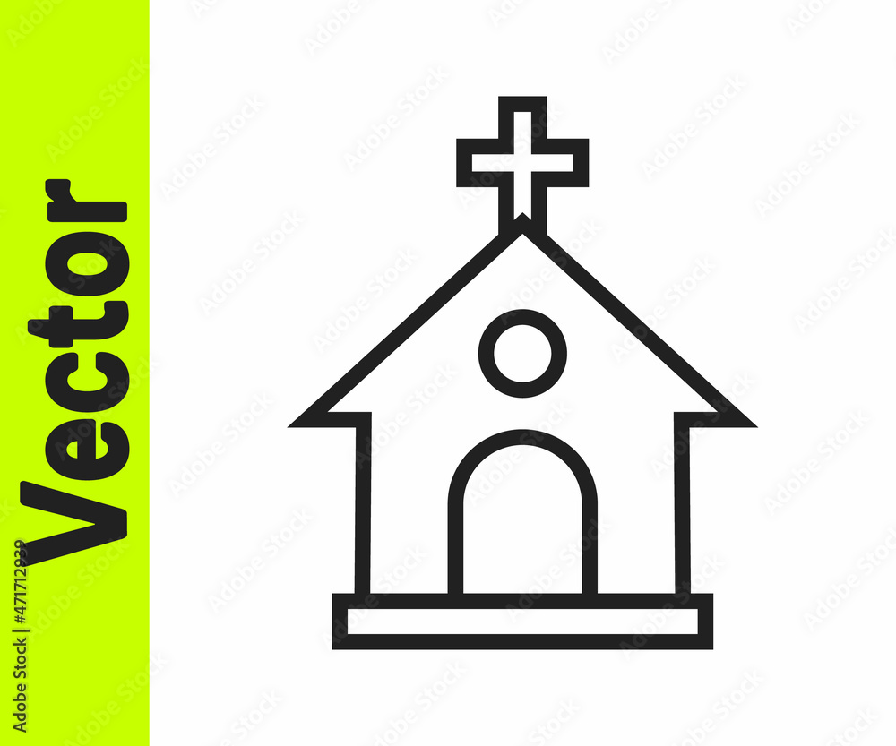 Black line Church building icon isolated on white background. Christian Church. Religion of church. Vector Black line Church building icon isolated on white background. Christian Church. Religion of church. Vector