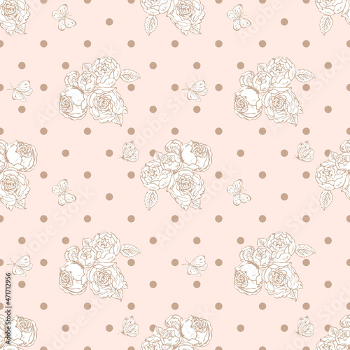 Roses, butterflies and polka dots seamless pattern vector illustration. Shabby chic contour patterns. For home textiles, apparel, packaging, home decor, wallpaper and promotional materials.