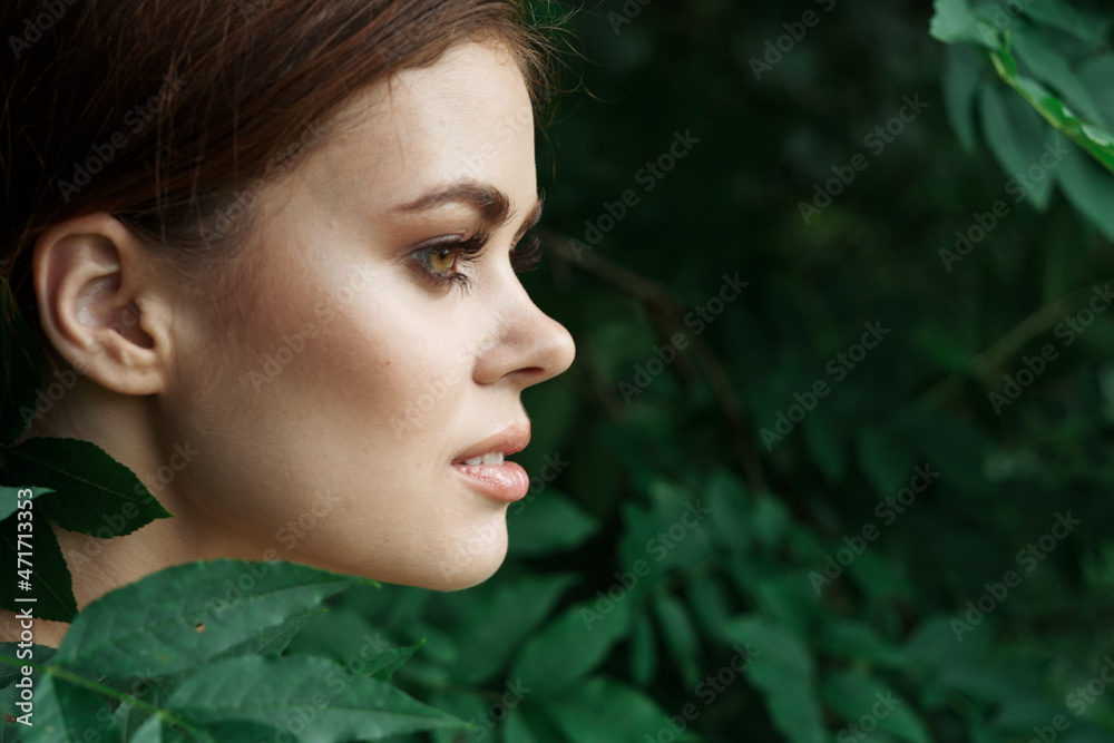 smiling woman skin care bare shoulders green leaves nature Lifestyle smiling woman skin care bare shoulders green leaves nature Lifestyle