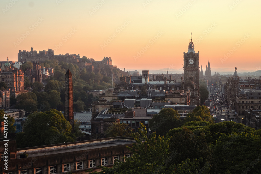 Top view of Princes Street at sunset from Calton Hill. Edinburgh, Scotland, United Kingdom