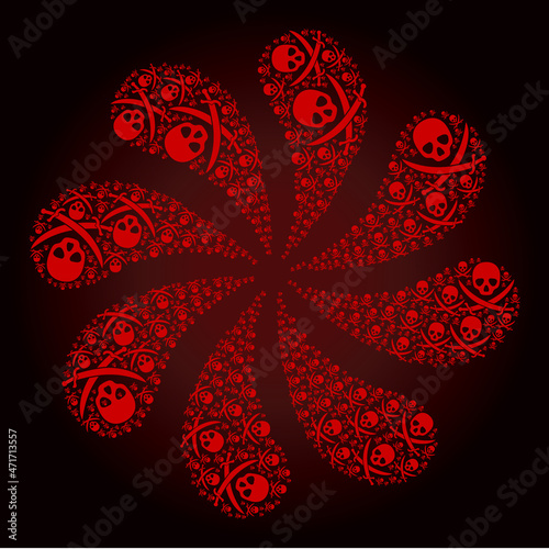 Red pirate sabres icon swirl burst petals fireworks shape on red dark gradient background. Flower curl designed from red random pirate sabres icons. photo