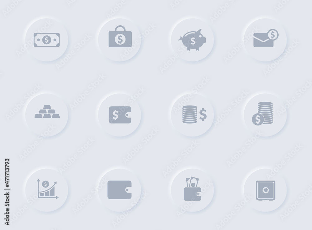 finance gray vector icons on round rubber buttons. finance icon set for web, mobile apps, ui design and promo business polygraphy