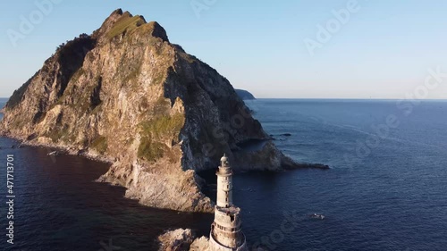Aniva - The abandoned lighthouse in the Sakhalin Island,Russia. Aerial View.