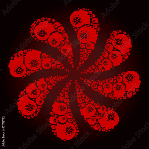 Red brain virus icon swirl twist flower fireworks shape on red dark gradient background. Flower twist combined from bloody scattered brain virus icons.