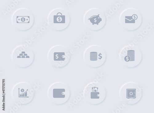 finance gray vector icons on round rubber buttons. finance icon set for web, mobile apps, ui design and promo business polygraphy