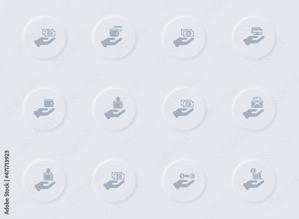 hand and money gray vector icons on round rubber buttons. hand and money icon set for web, mobile apps, ui design and promo business polygraphy