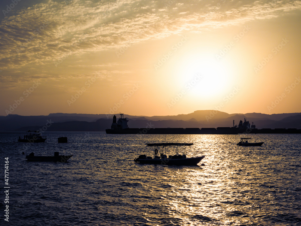 Scenic view at sunset from Aqaba Port , Jordan. Sunset on the Red Sea