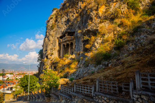 FETHIYE, TURKEY: View of the tombs carved into the rock from the time of the ancient state of Lycia.
