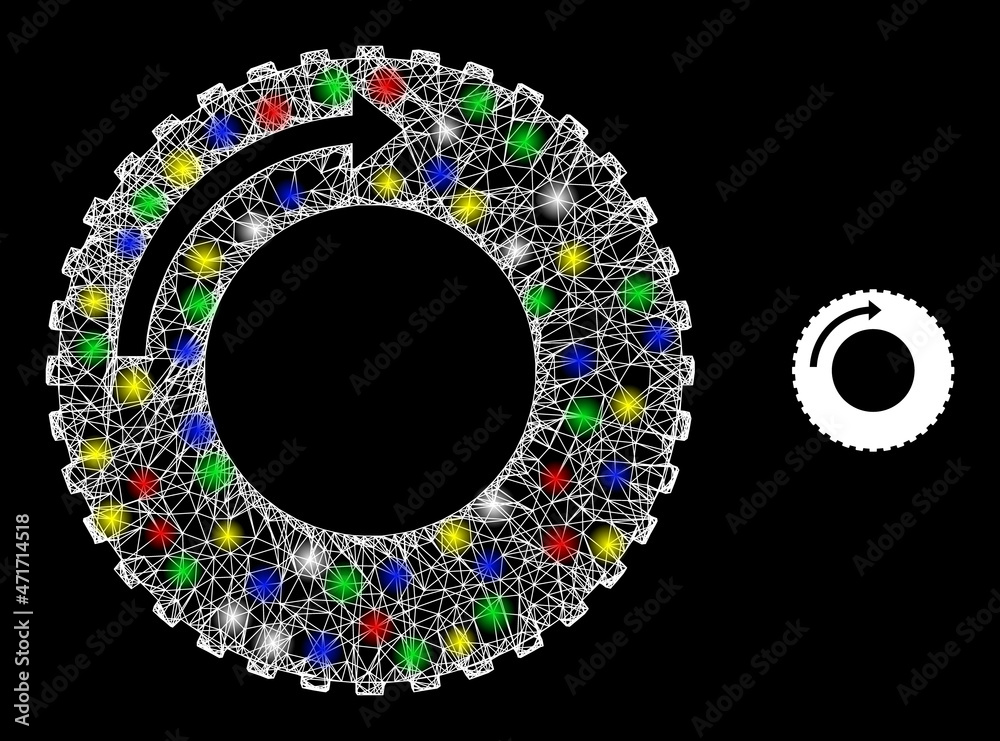 Glossy hatched mesh tire rotaion direction icon with glitter effect on a dark background. Bright multi colored vector structure created from tire rotaion direction icon, Glossy hatched mesh tire rotaion direction icon with glitter effect on a dark background. Bright multi colored vector structure created from tire rotaion direction icon,