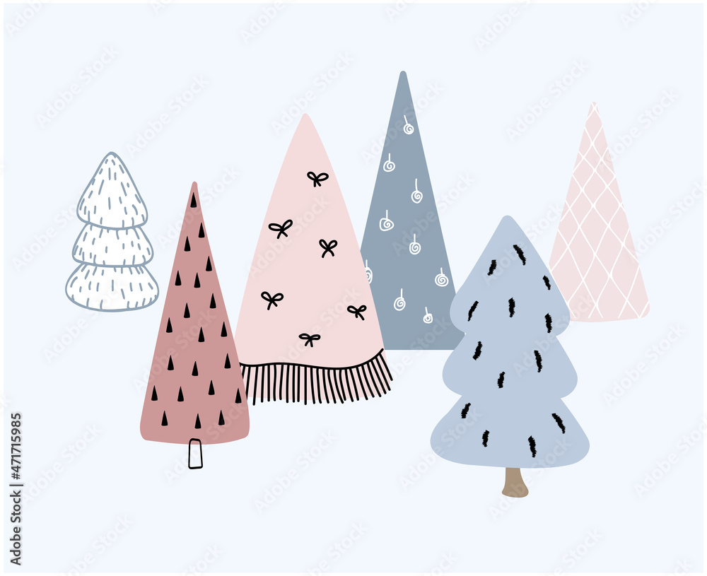 A collection of cute Christmas trees for creating greeting cards. Colorful vector illustration in flat doodle style.